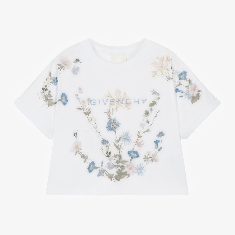 Givenchy - Girls White Flower Print Cotton T-Shirt | Childrensalon