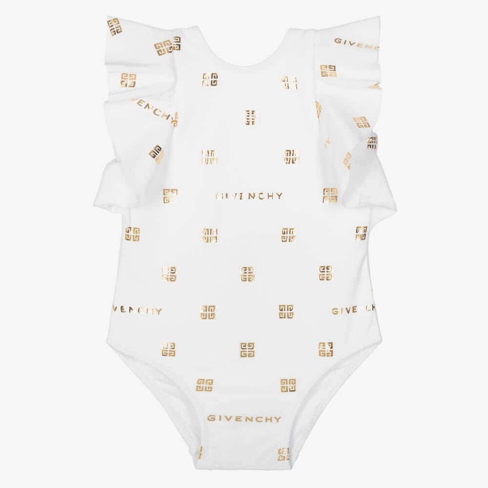 Givenchy - Girls White & Gold 4G Swimsuit | Childrensalon
