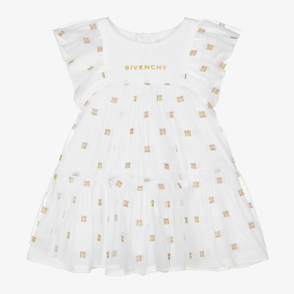 Givenchy - فستان أطفال بناتي بطبعة 4G تول لون ذهبي وأبيض | Childrensalon