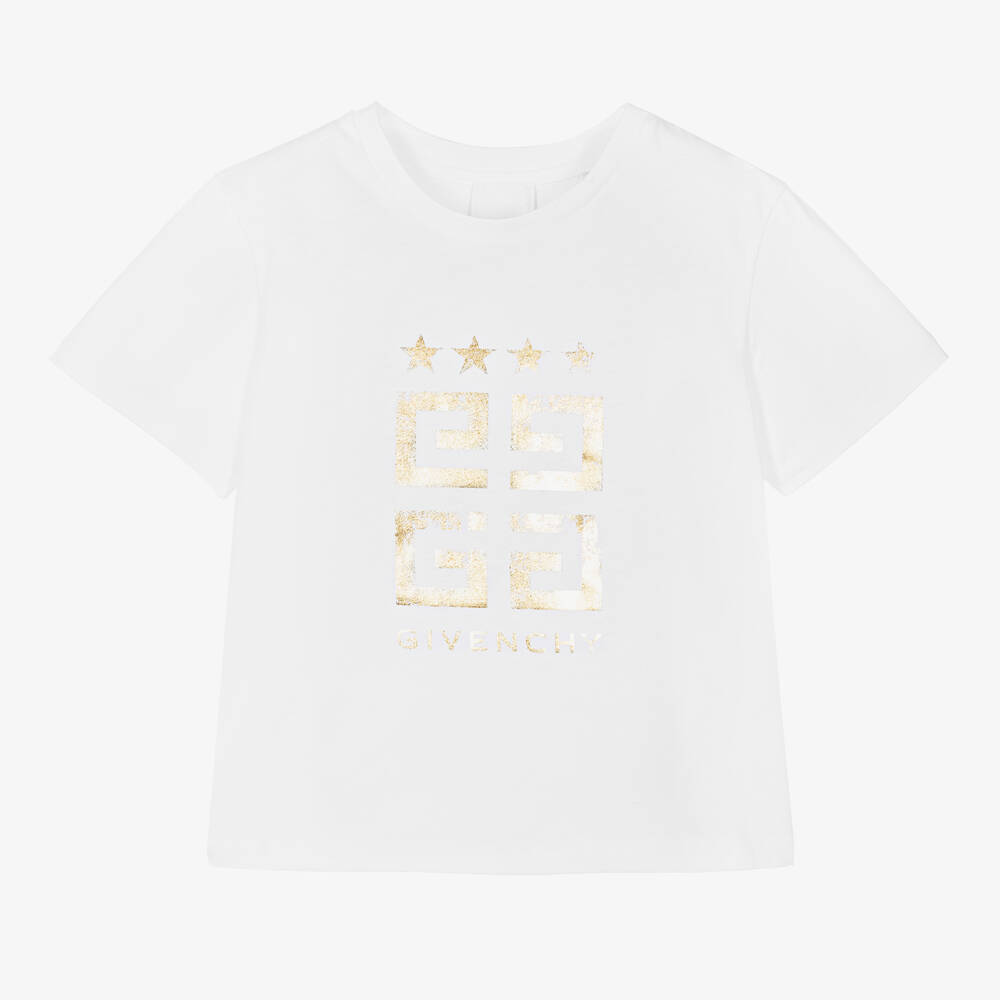 Givenchy - Girls White & Gold Cotton 4G T-Shirt | Childrensalon