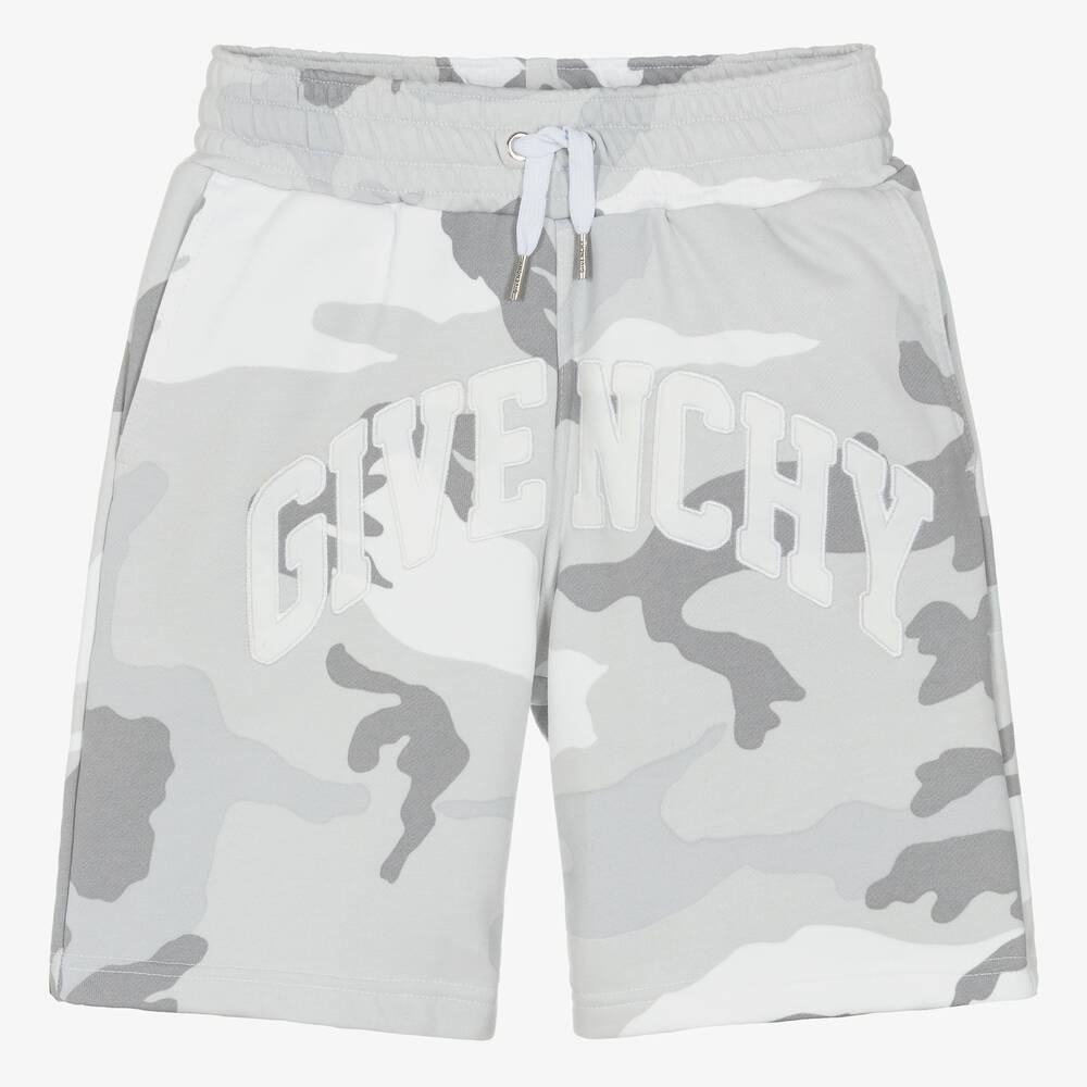 Shop Givenchy Teen Boys Grey Camouflage Print Shorts