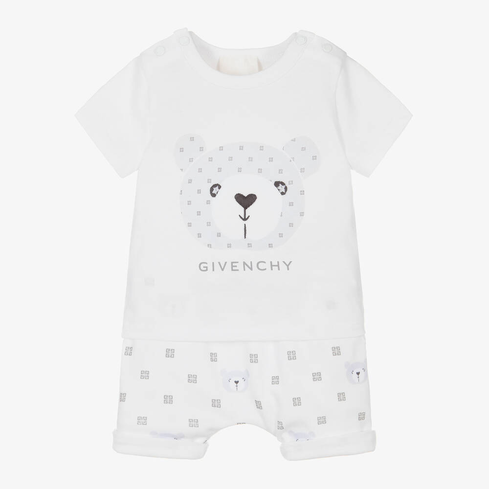 Givenchy - White Cotton Teddy Bear Baby Shorts Set | Childrensalon