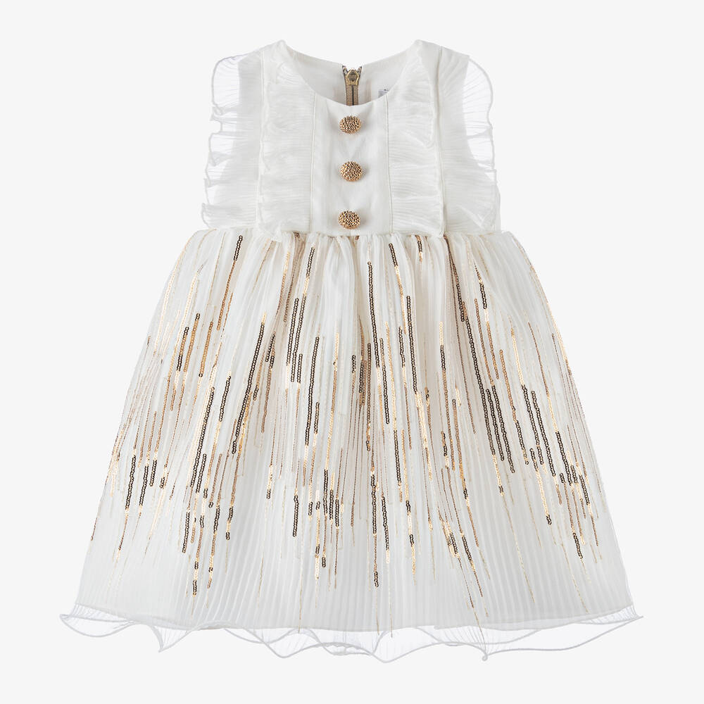Graci - فستان قطن وتول لون أبيض وذهبي مزين بترتر | Childrensalon