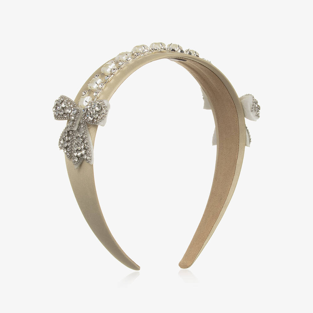 Graci - Girls Beige Diamanté Bow Hairband | Childrensalon