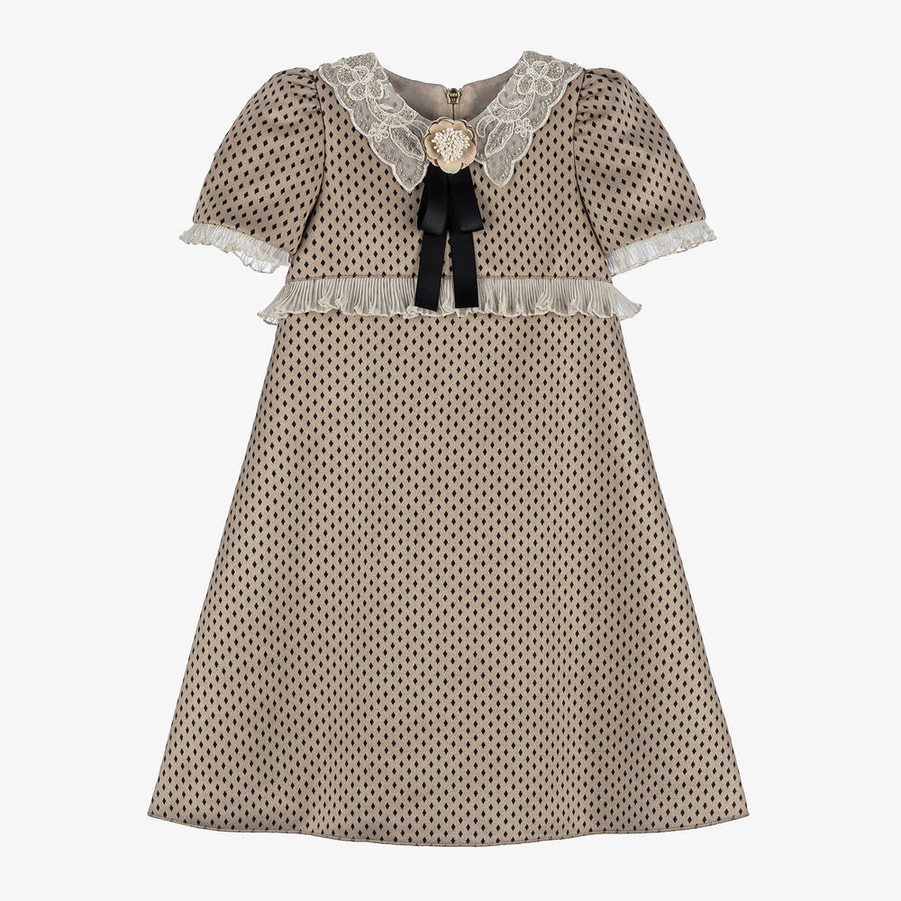 Graci - Girls Beige Embroidered Collar Dress | Childrensalon