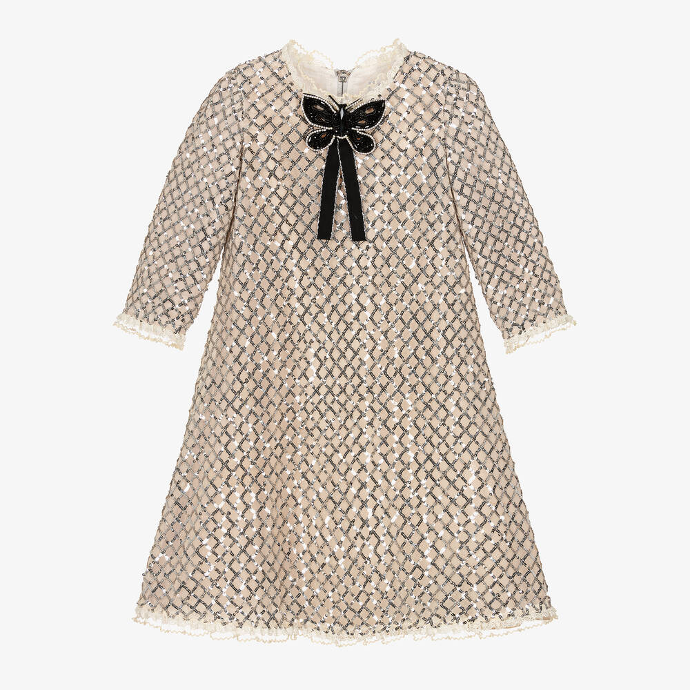 Graci - Girls Beige Tulle & Silver Sequin Dress | Childrensalon