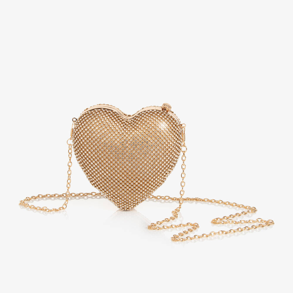 Graci - Girls Gold Diamanté Heart Bag (14cm) | Childrensalon