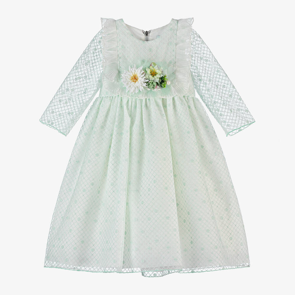 Graci - Girls Green Tulle Flower Dress | Childrensalon