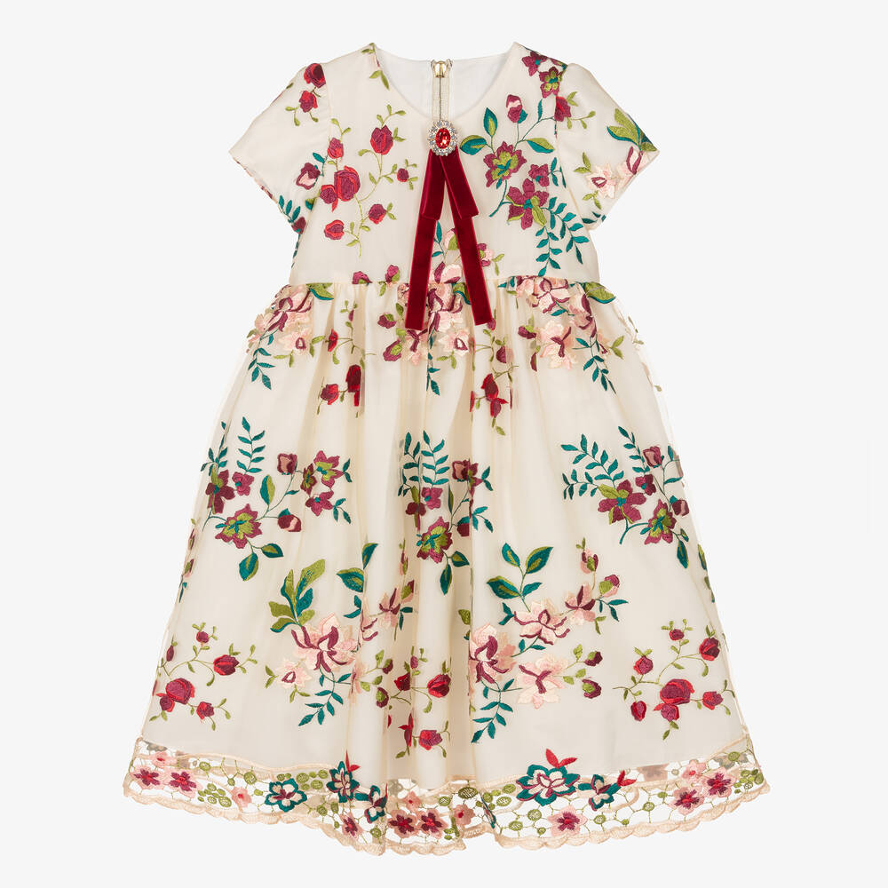 Graci - Girls Ivory Embroidered Tulle Floral Dress | Childrensalon