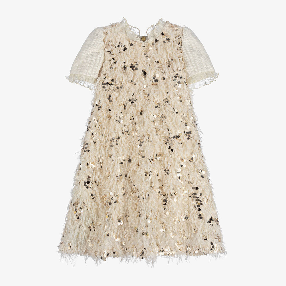 Graci - Girls Ivory Feather Sequin & Tweed Dress | Childrensalon