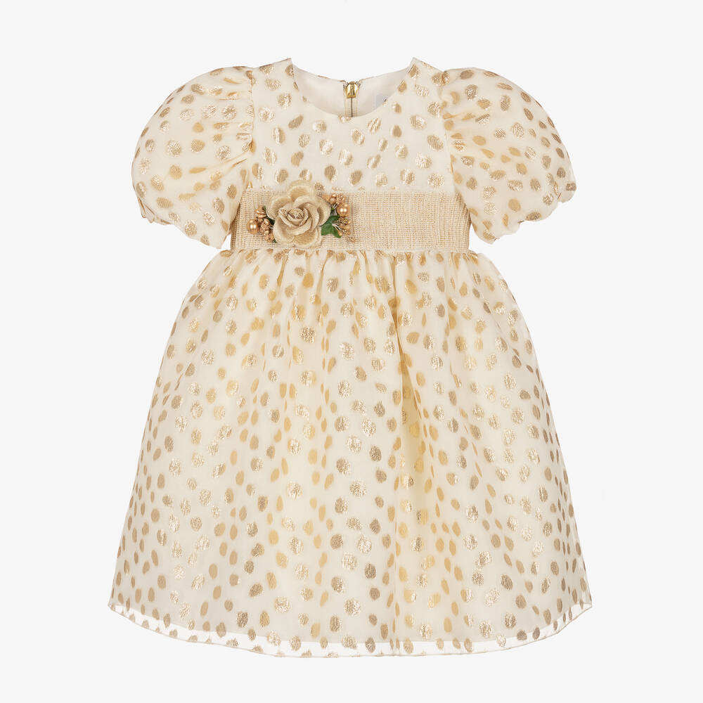 Graci Babies' Girls Ivory & Gold Metallic Spot Dress