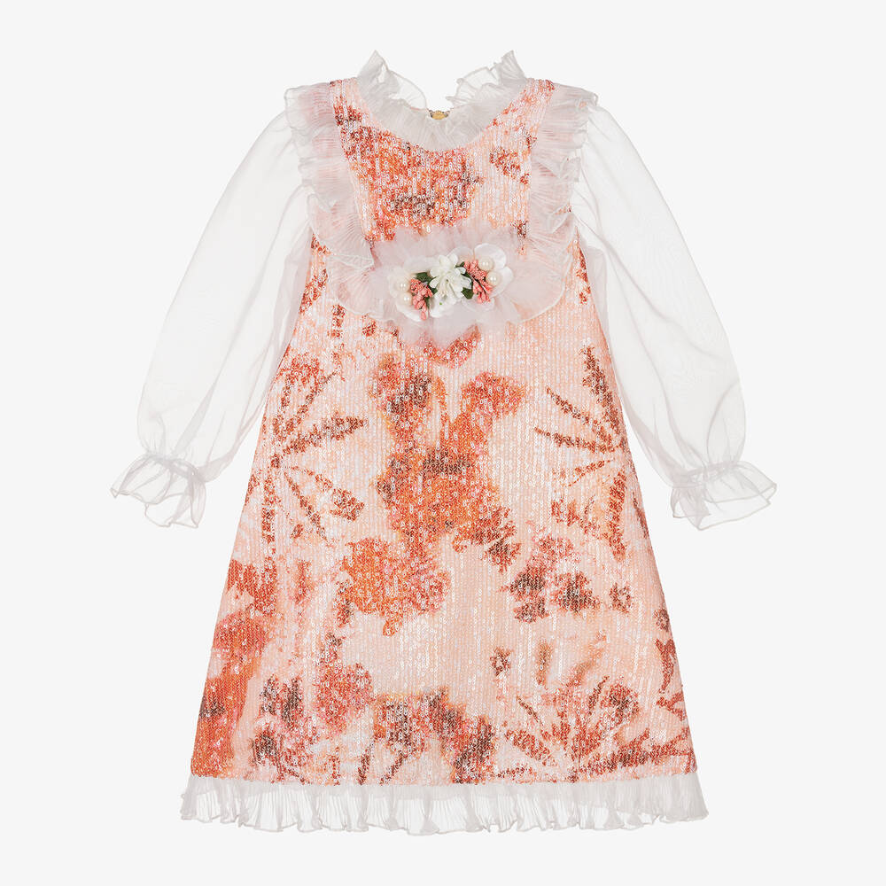 Graci - Girls Orange Sequin & Organza Dress  | Childrensalon