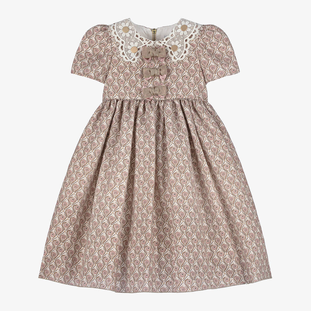 Graci - Girls Pink Floral Cotton & Lace Collar Dress | Childrensalon