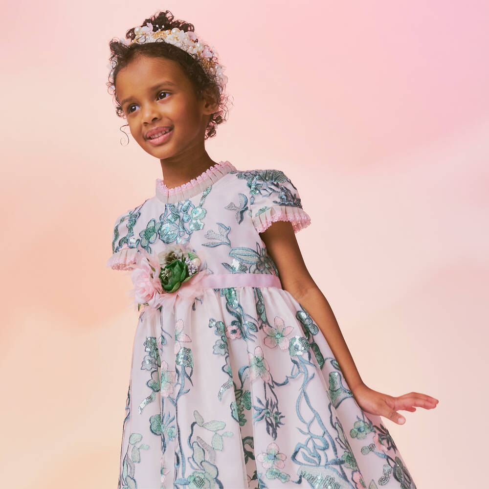 Graci-Розово-зеленое платье из тюля с цветами | Childrensalon