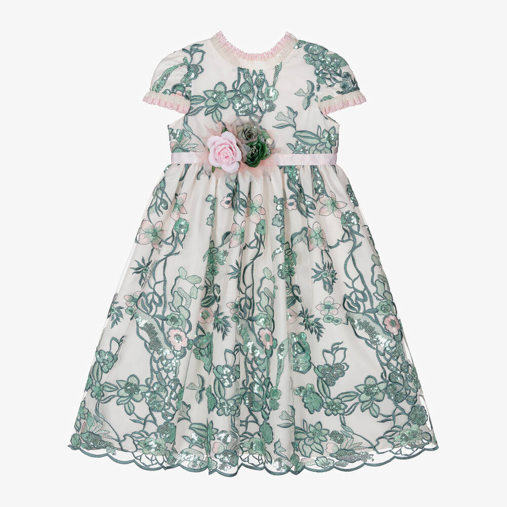 Graci - Girls Pink & Green Tulle Floral Dress | Childrensalon