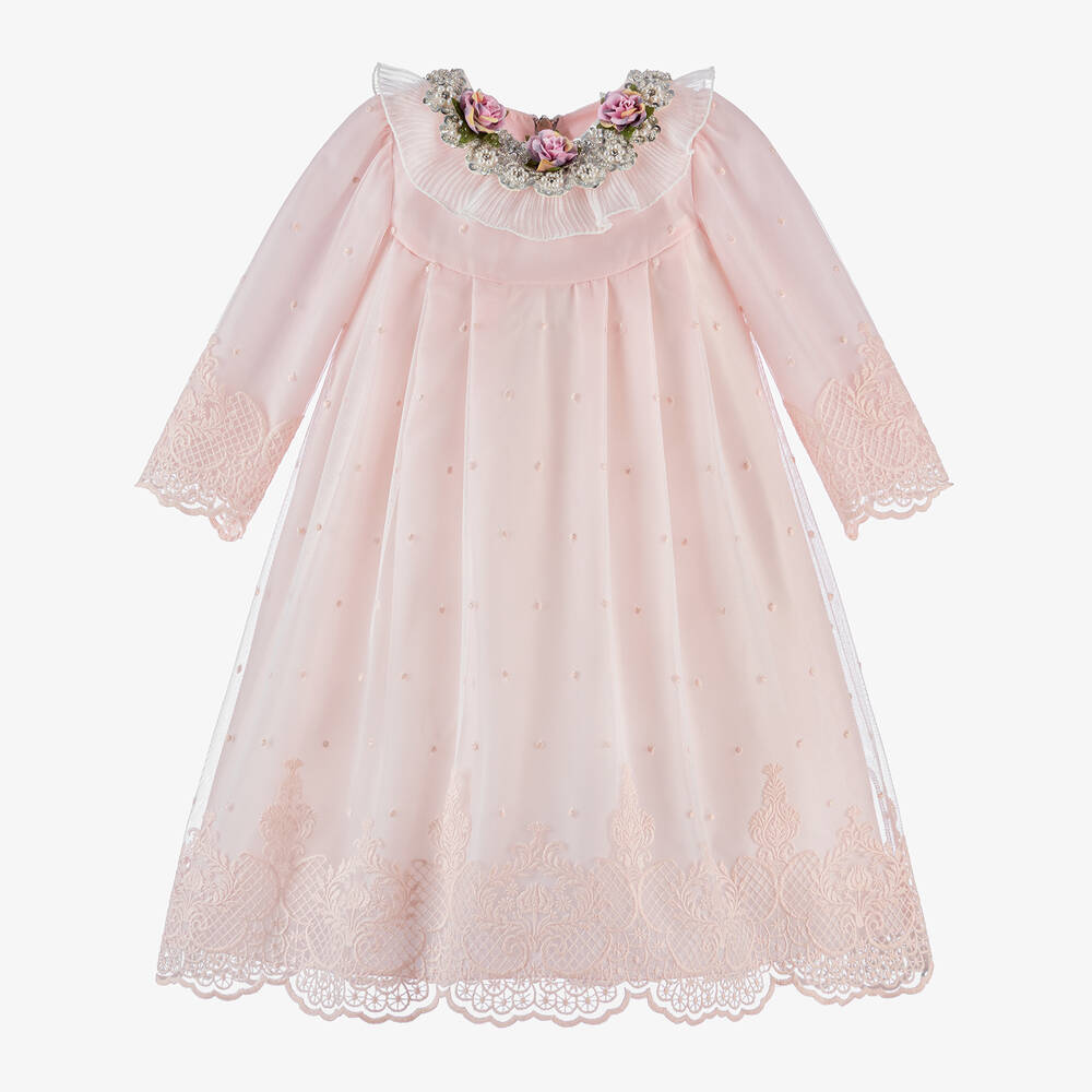 Graci - Girls Pink Tulle Flower Collar Dress | Childrensalon