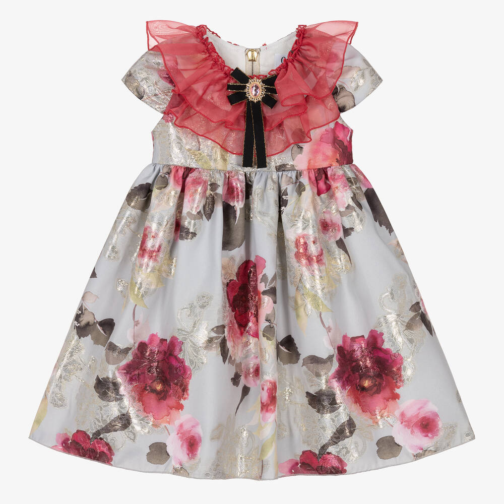 Graci Babies' Girls Silver & Pink Floral Dress