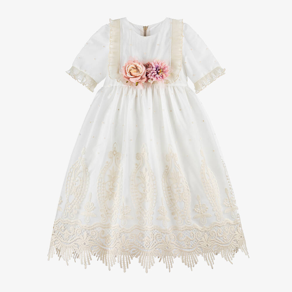 Graci - Girls White & Ivory Tulle Flower Dress | Childrensalon