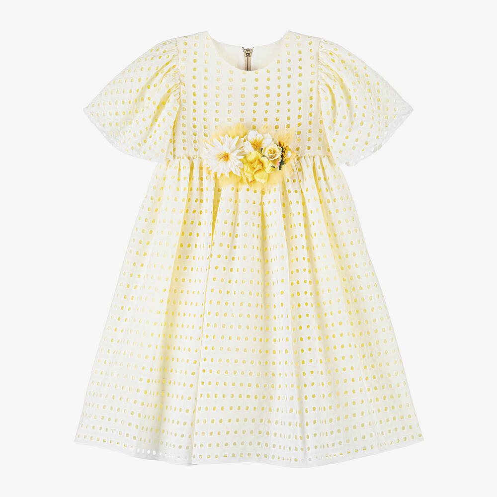Graci - Girls Yellow Embroidered Viscose Dress | Childrensalon