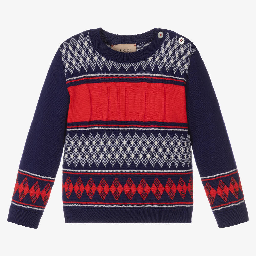 Gucci - Baby Boys Blue & Red Wool Sweater | Childrensalon