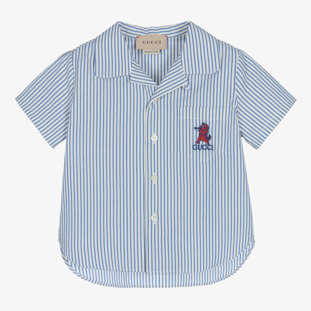 Gucci - قميص أطفال ولادي قطن بوبلين مقلم لون أزرق | Childrensalon