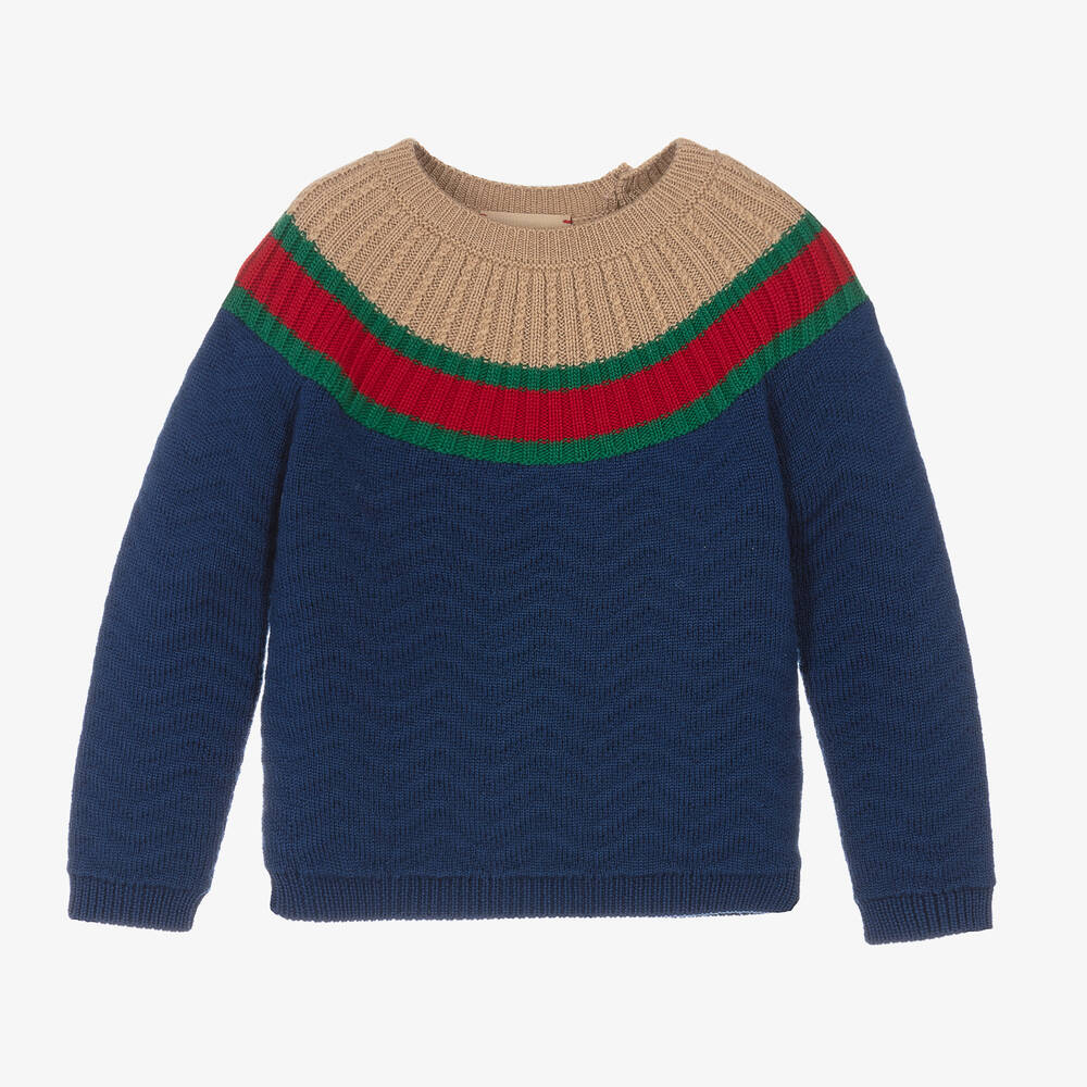Gucci - Baby Boys Blue Web Yoke Wool Sweater | Childrensalon