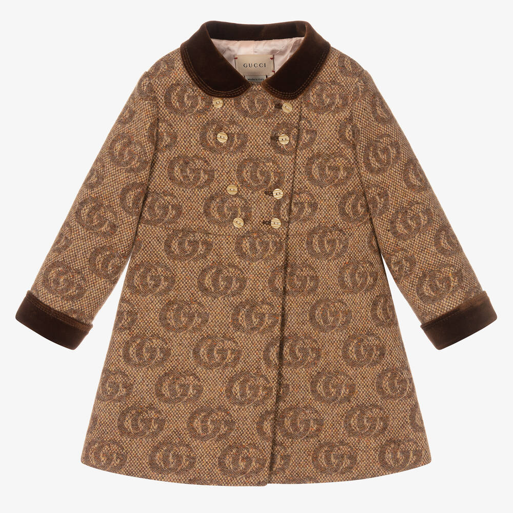 Gucci - Baby Girls Brown Wool Logo Coat | Childrensalon
