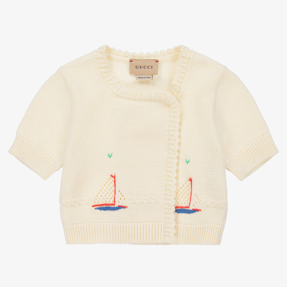 Gucci - Baby Girls Ivory Knitted Boat Cardigan  | Childrensalon