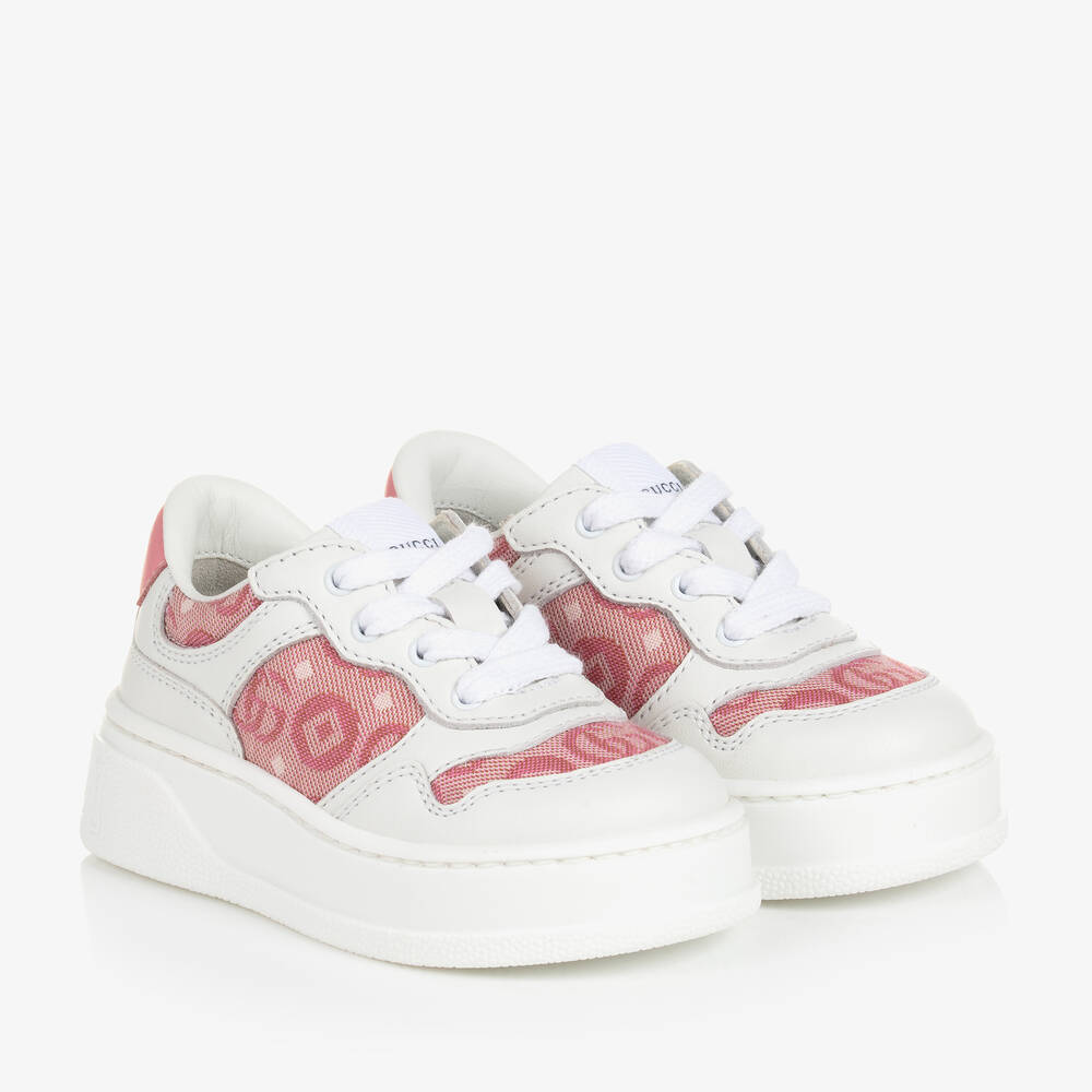 Gucci - Baby Girls White & Pink Leather Trainers | Childrensalon