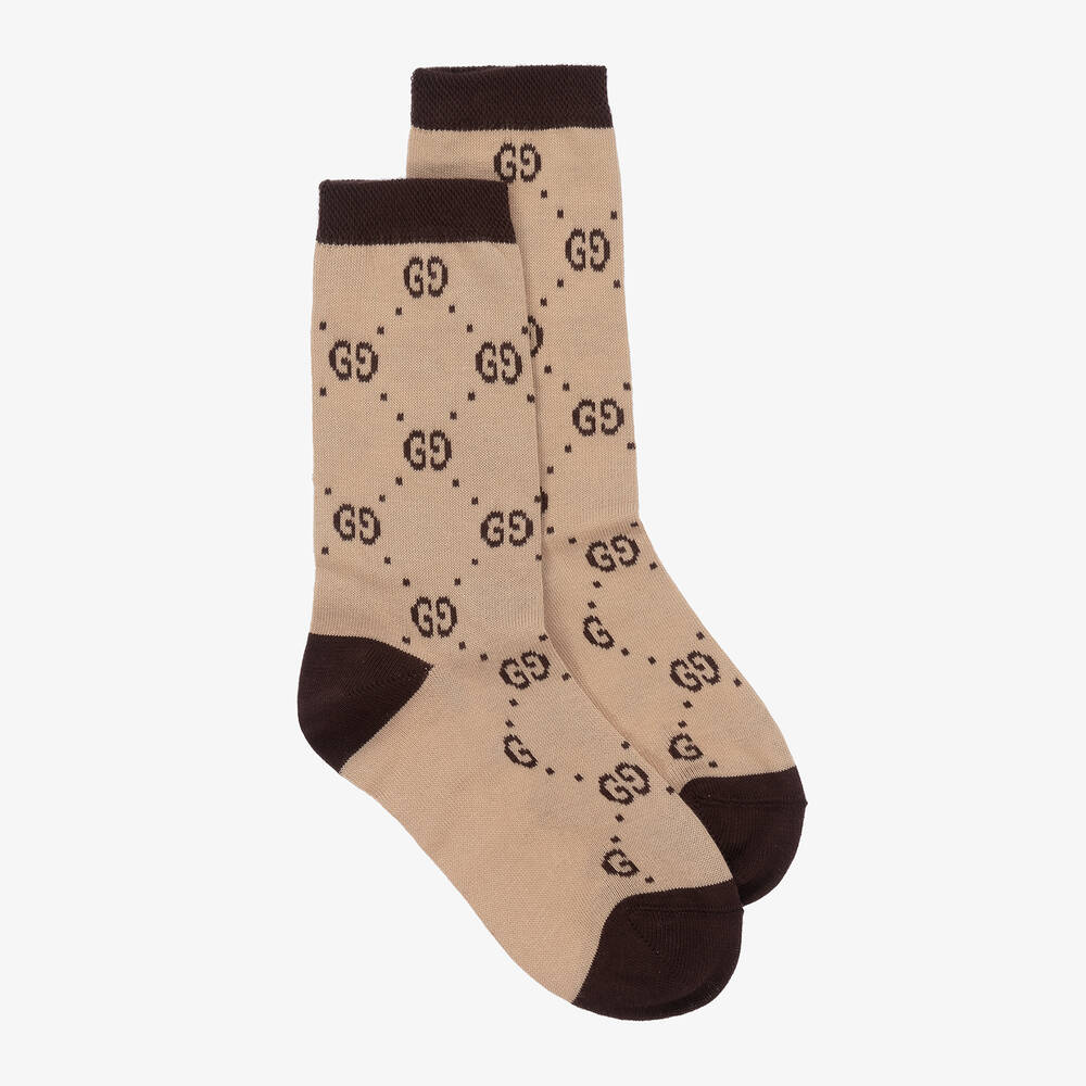 Gucci - Бежево-коричневые хлопковые носки с принтом GG | Childrensalon