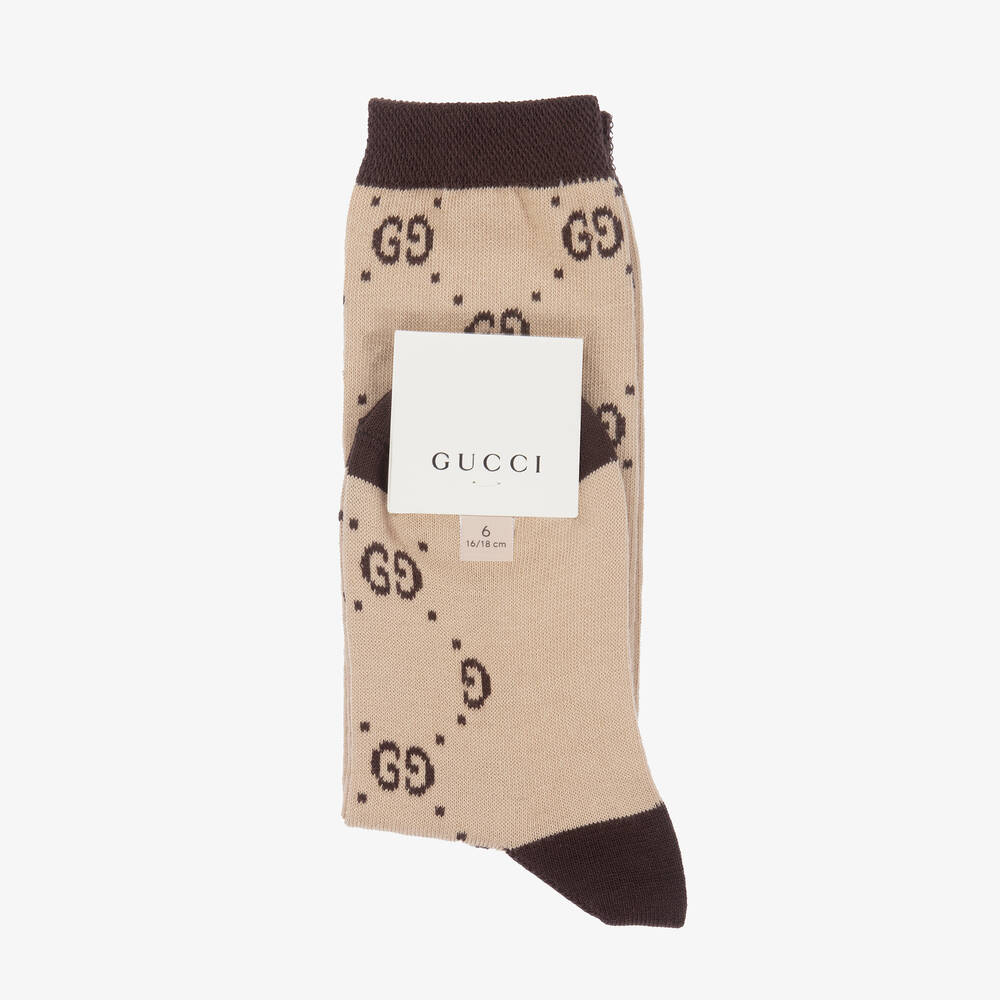 Gucci - Beige & Brown GG Logo Socks | Childrensalon