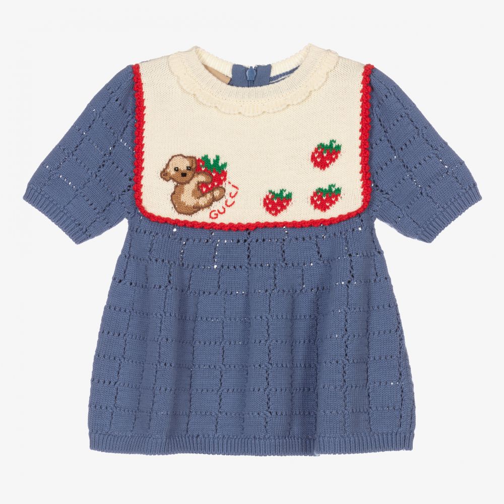 Gucci - Синее трикотажное платье с медвежонком | Childrensalon