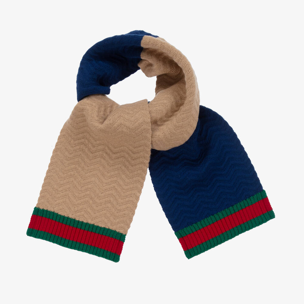 Gucci - Blue & Beige Wool Knit Scarf (140cm) | Childrensalon