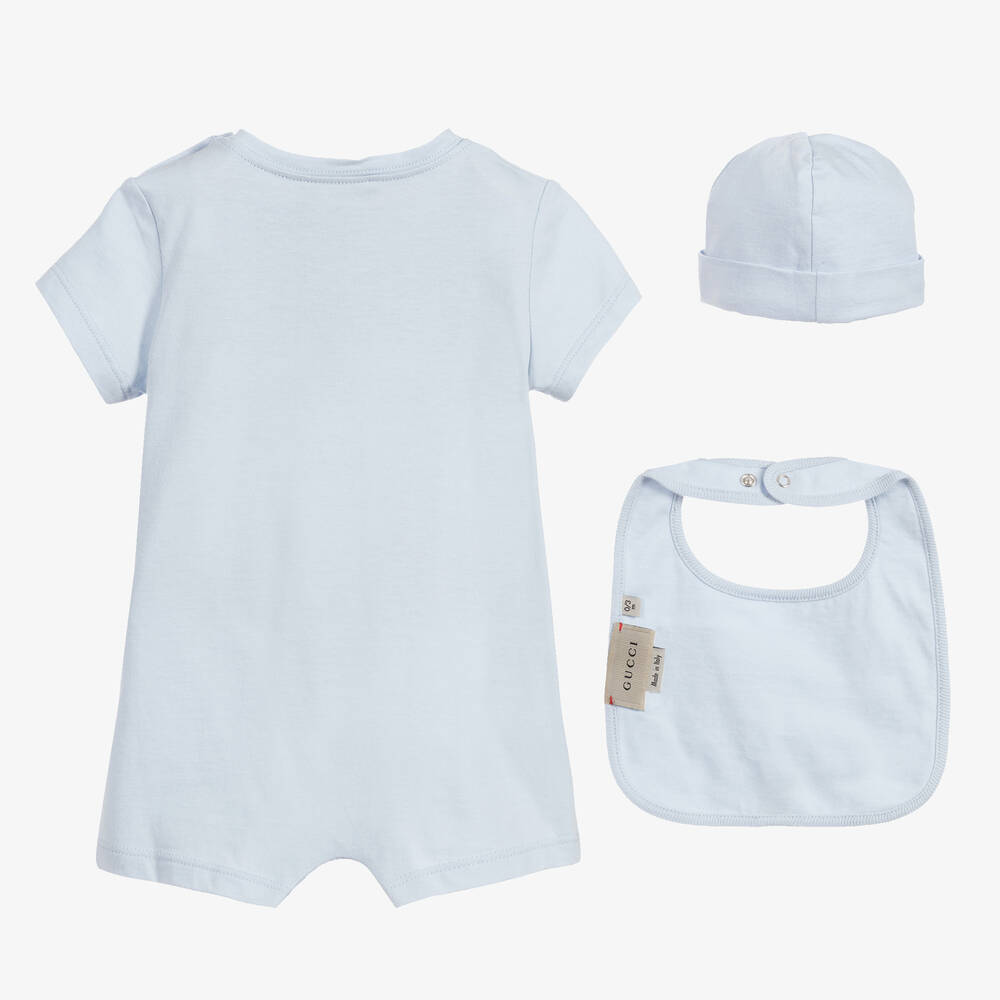 Baby Logo Cotton Bodysuit Hat And Bib Set in Blue - Gucci Kids