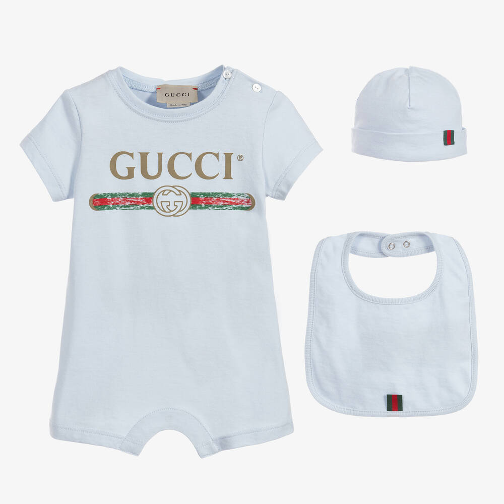 Gucci - طقم هدية بِدلة أوفرول قطن لون أزرق للأطفال | Childrensalon