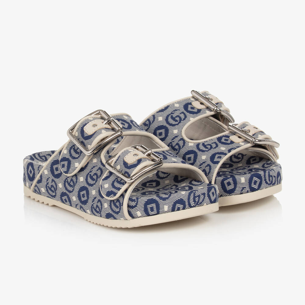 Gucci - Blue Double G Canvas Slip-on Sandals | Childrensalon