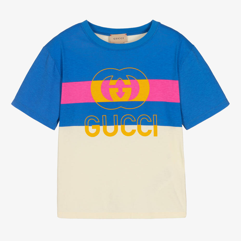 Gucci - تيشيرت قطن مقلم لون أزرق وعاجي | Childrensalon