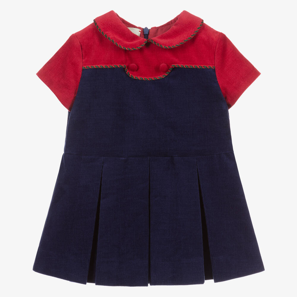 Gucci - Robe bleue et rouge en velours côtelé | Childrensalon
