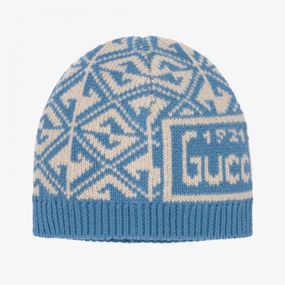 Gucci - Голубая шерстяная шапка с принтом GG для малышей | Childrensalon
