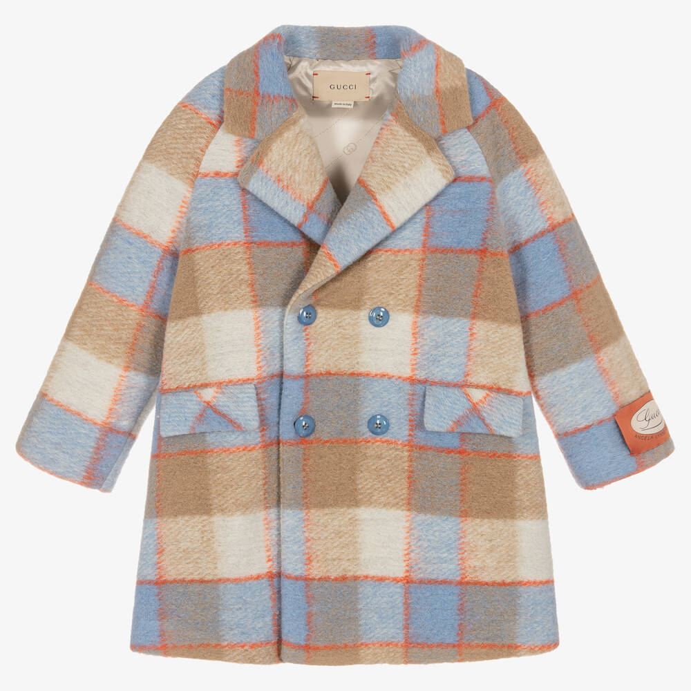 Gucci - معطف صوف محبوك كاروهات لون بيج وأزرق للأولاد | Childrensalon