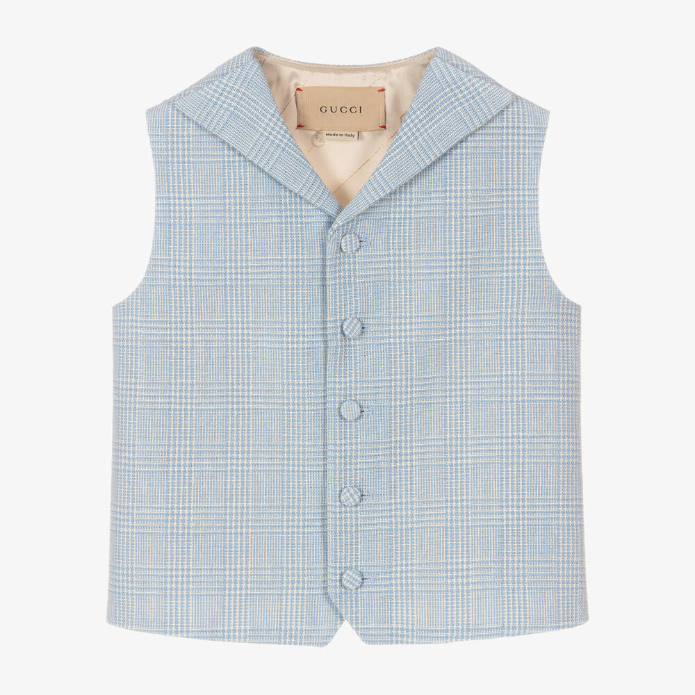 Gucci - Gilet bleu laine coton à carreaux | Childrensalon