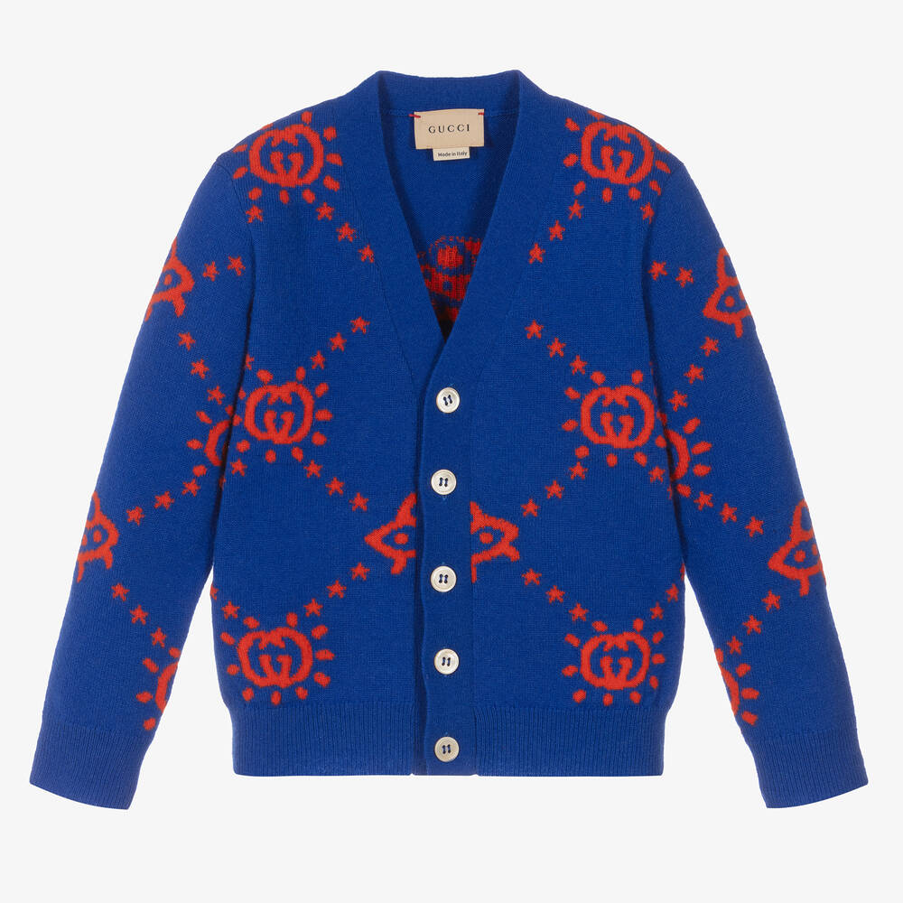 Gucci - Синий шерстяной кардиган с красным принтом GG | Childrensalon