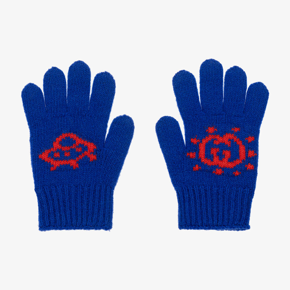 Gucci - Boys Blue Wool Interlocking G Gloves | Childrensalon