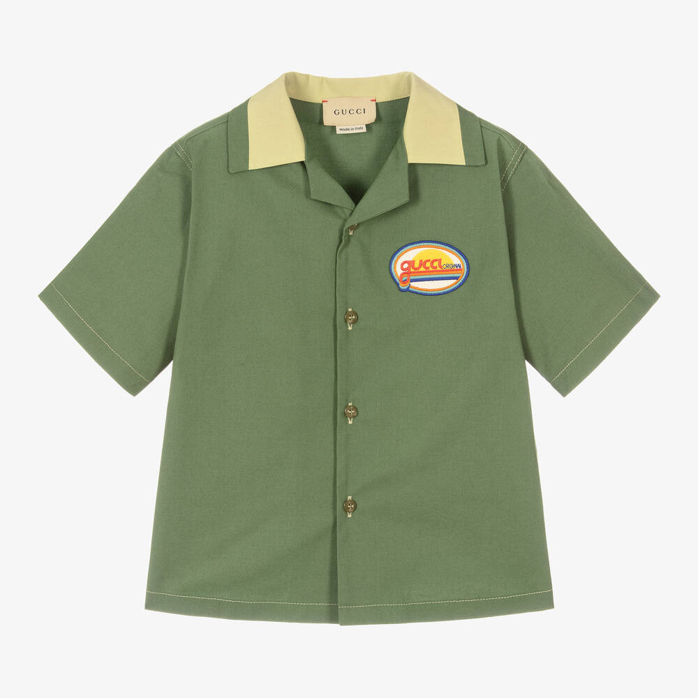 Gucci - قميص ريترو قطن أكسفورد لون أخضر للأولاد | Childrensalon