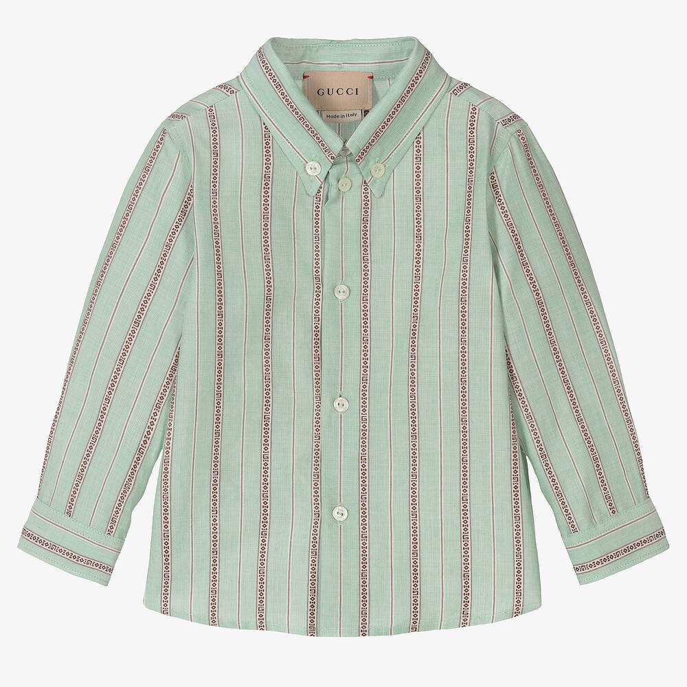 Gucci - Boys Green Cotton Striped Square G Shirt | Childrensalon