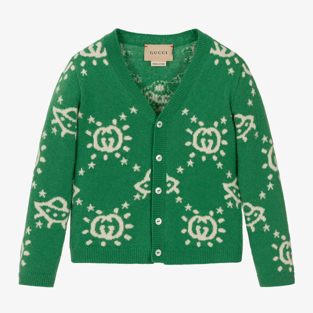 Gucci Baby Wool Cardigan With Intarsia In Green