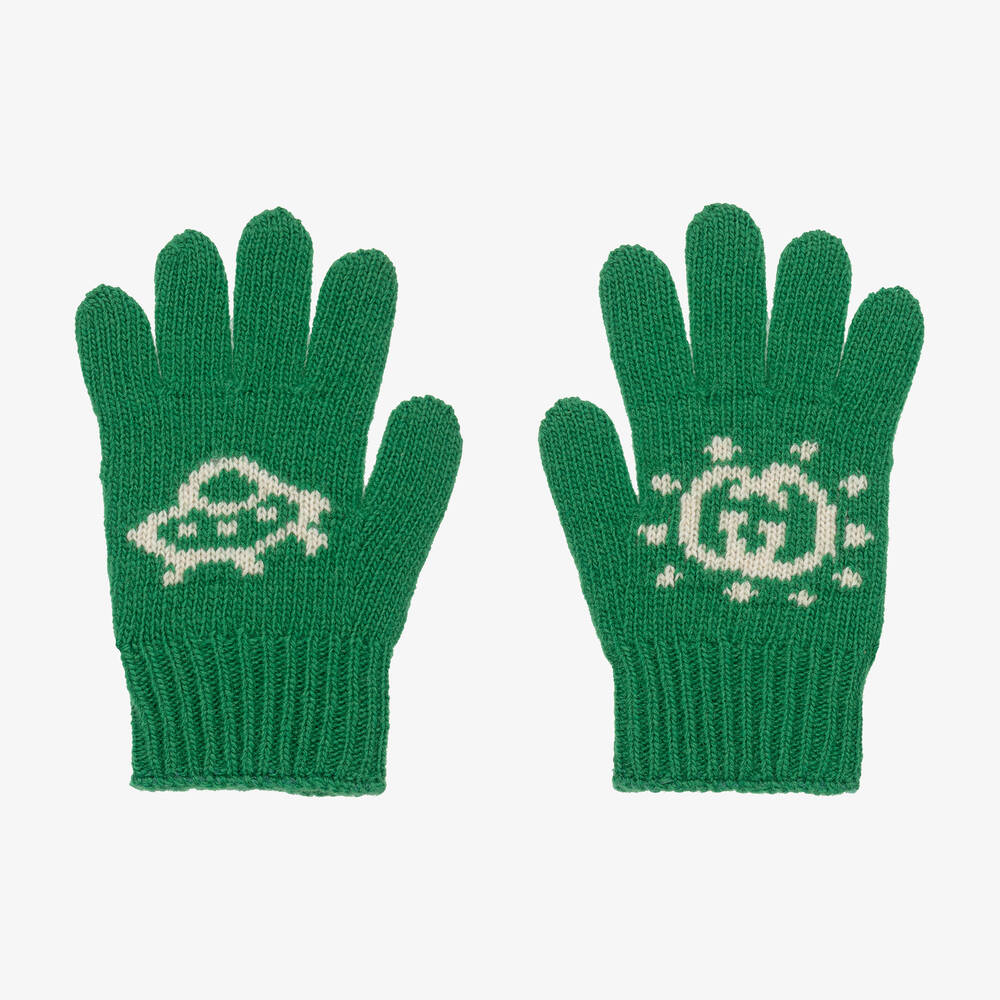Gucci - Boys Green Wool Interlocking G Gloves | Childrensalon