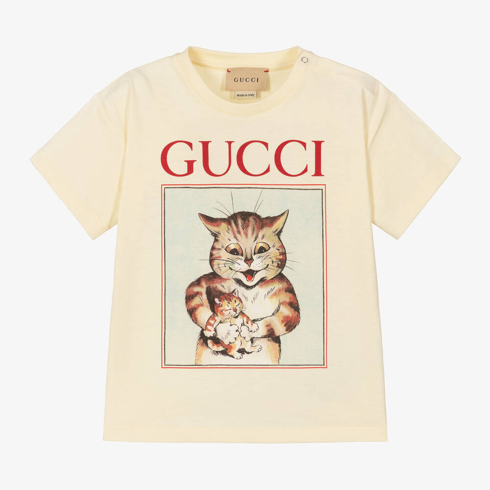 Gucci - Кремовая хлопковая футболка с котом | Childrensalon