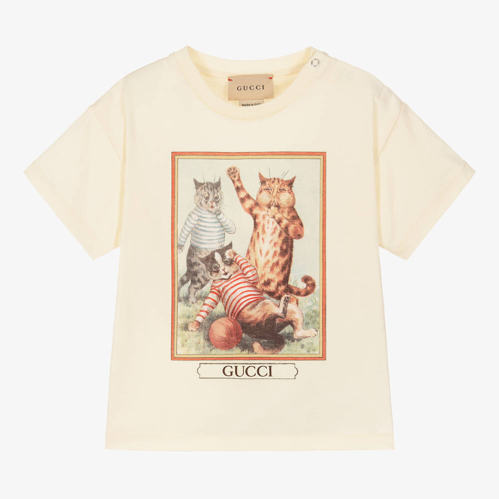 Gucci - Кремовая хлопковая футболка с котами | Childrensalon