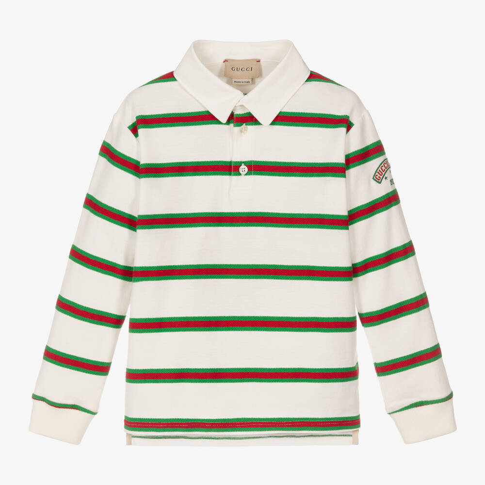 Gucci - Boys Ivory Cotton Web Stripe Polo Shirt | Childrensalon